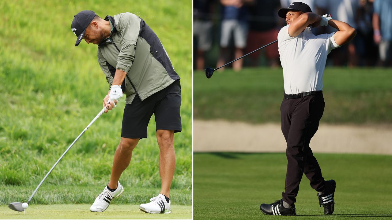 Xander Schauffele strikes a driver in both pictures