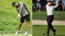 Xander Schauffele strikes a driver in both pictures