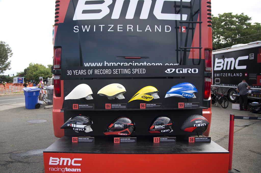 The BMC team had a display of Giro helmets showing off the evolution of aero lids