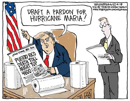 Political cartoon US Trump pardon Puerto Rico Hurricane Maria death toll