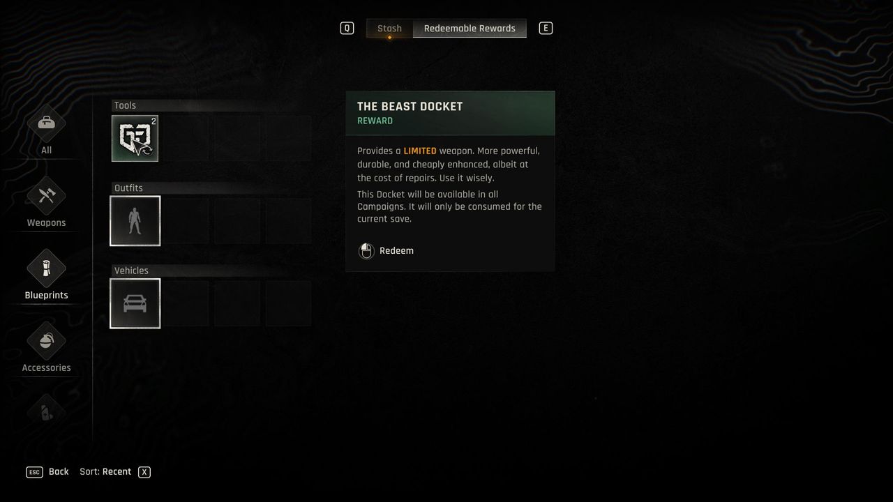 Dying Light: The Beast docket rewards UI, the mouse is hovering over an item under Tools that is labeled The Beast Docket.