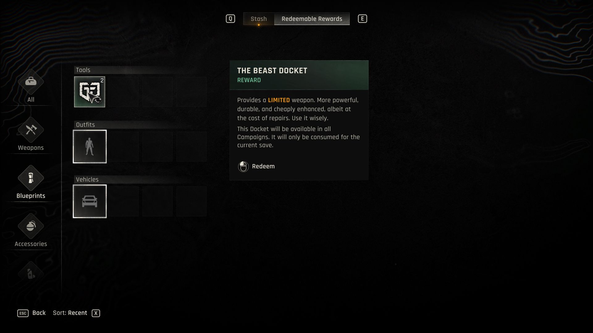  The Beast docket rewards UI, the mouse is hovering over an item under Tools that is labeled The Beast Docket.