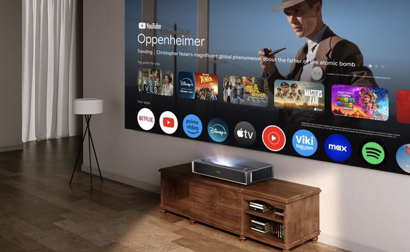 Hisense P1T projector lifestyle image showing the smart tv interface