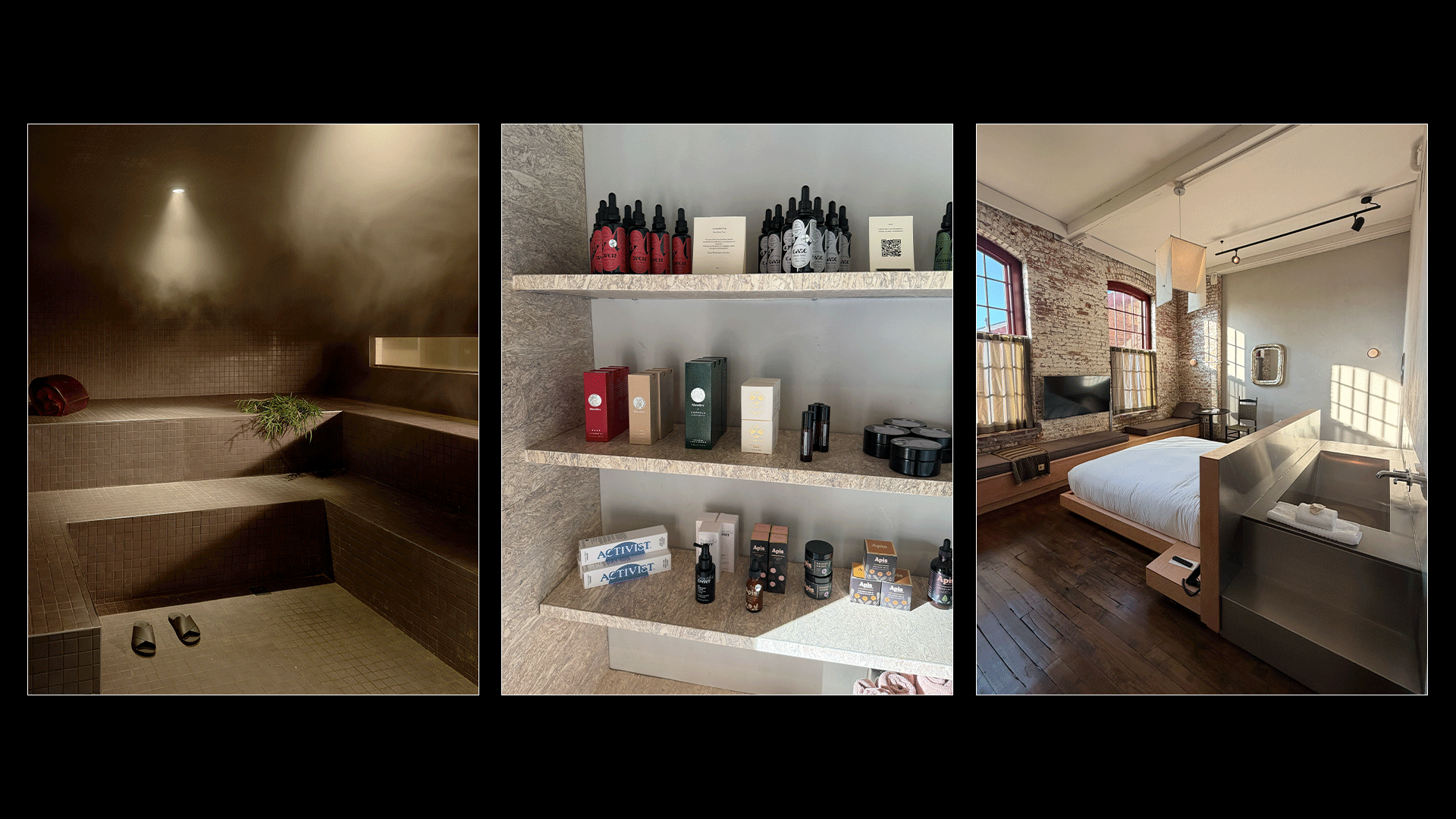 Gif collage of interiors at Pocketbook Hudson and clothing stores in Hudson.