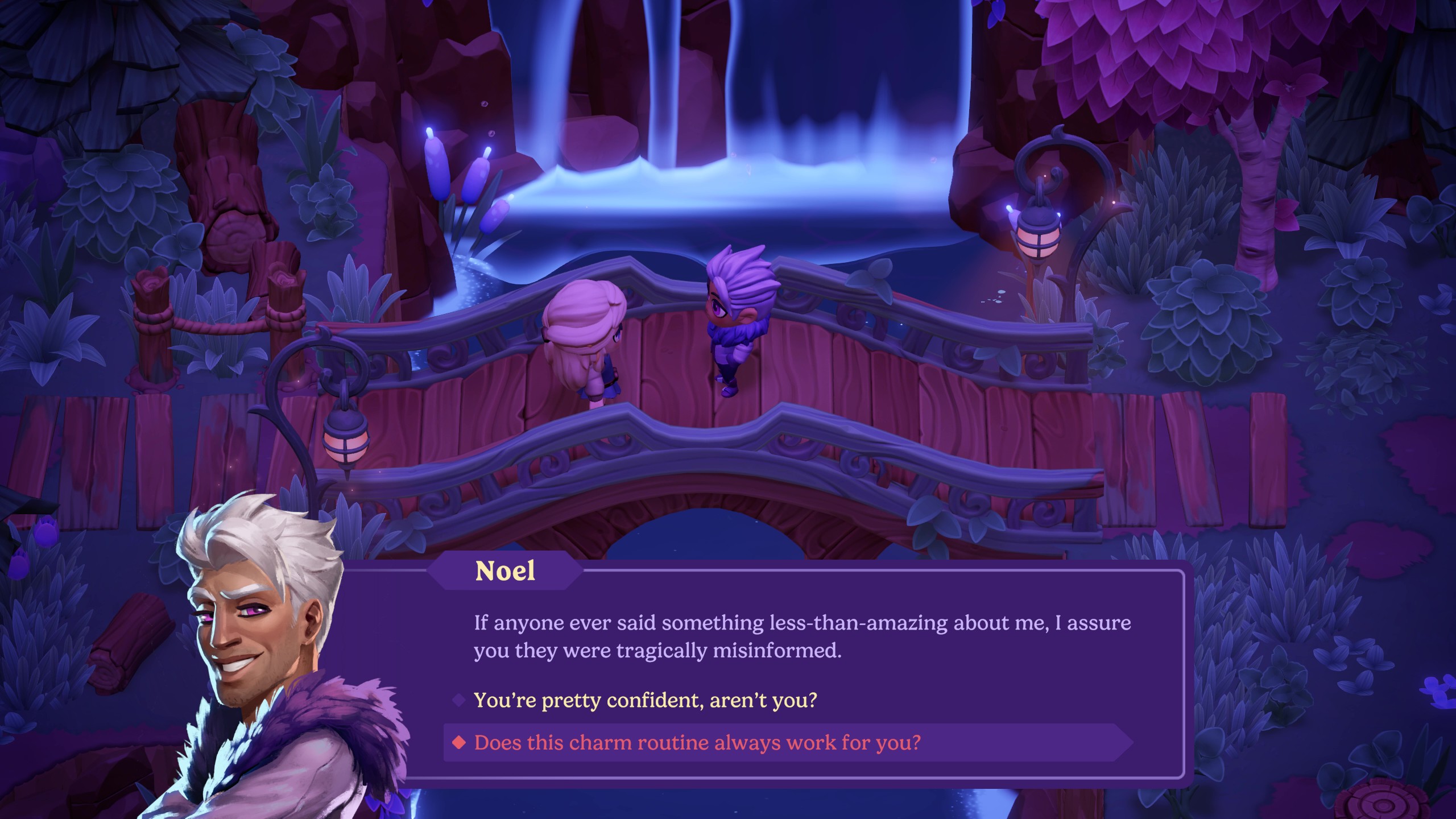 Moonlight Peaks - Noel says "If anyone ever said something less-than-amazing about me, I assure you they were tragically misinformed." While the player has unimpressed dialogue responses.