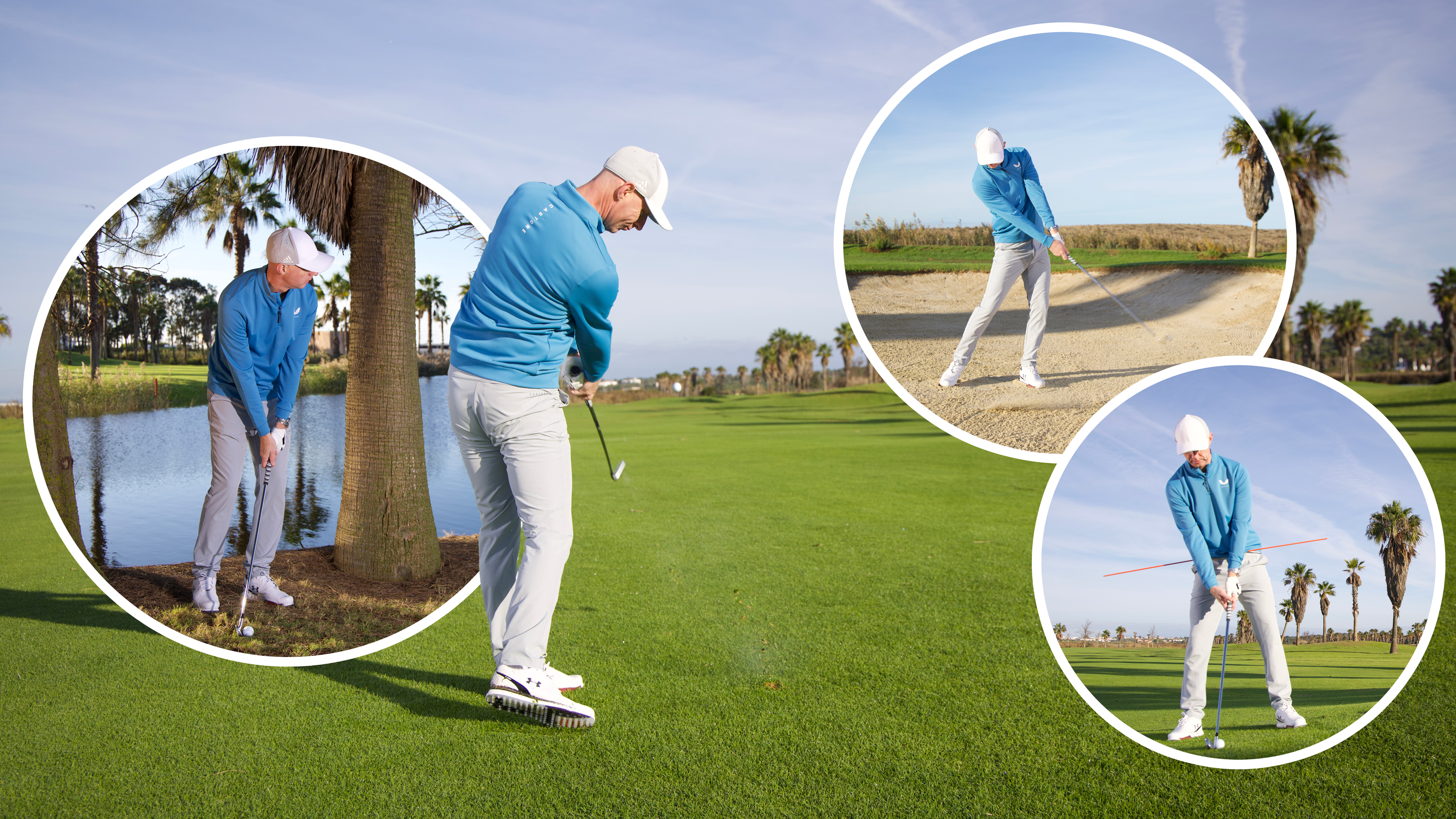 Ged Walters hitting shots that can help amateur golfers break 90, with examples such as fairway bunker, hitting from slopes, hitting a low punch and pitching out from trees to avoid a scorecard killer