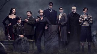Key art image of the Addams family portrait in Wednesday season 2, with the whole family depicted in a gloomy setting.