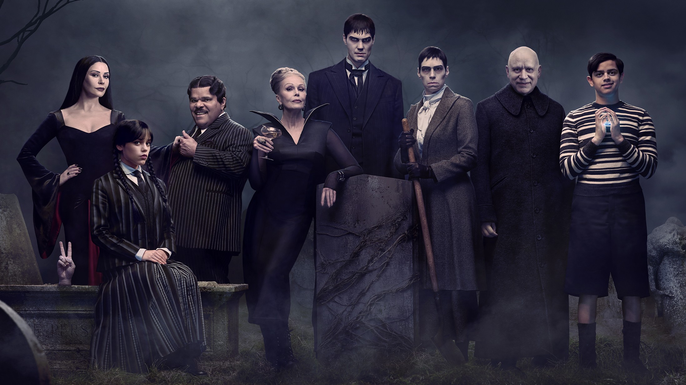 Key art image of the Addams family portrait in Wednesday season 2, with the whole family depicted in a gloomy setting.