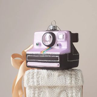 Anthropologie Purple Polaroid Camera Glass Ornament