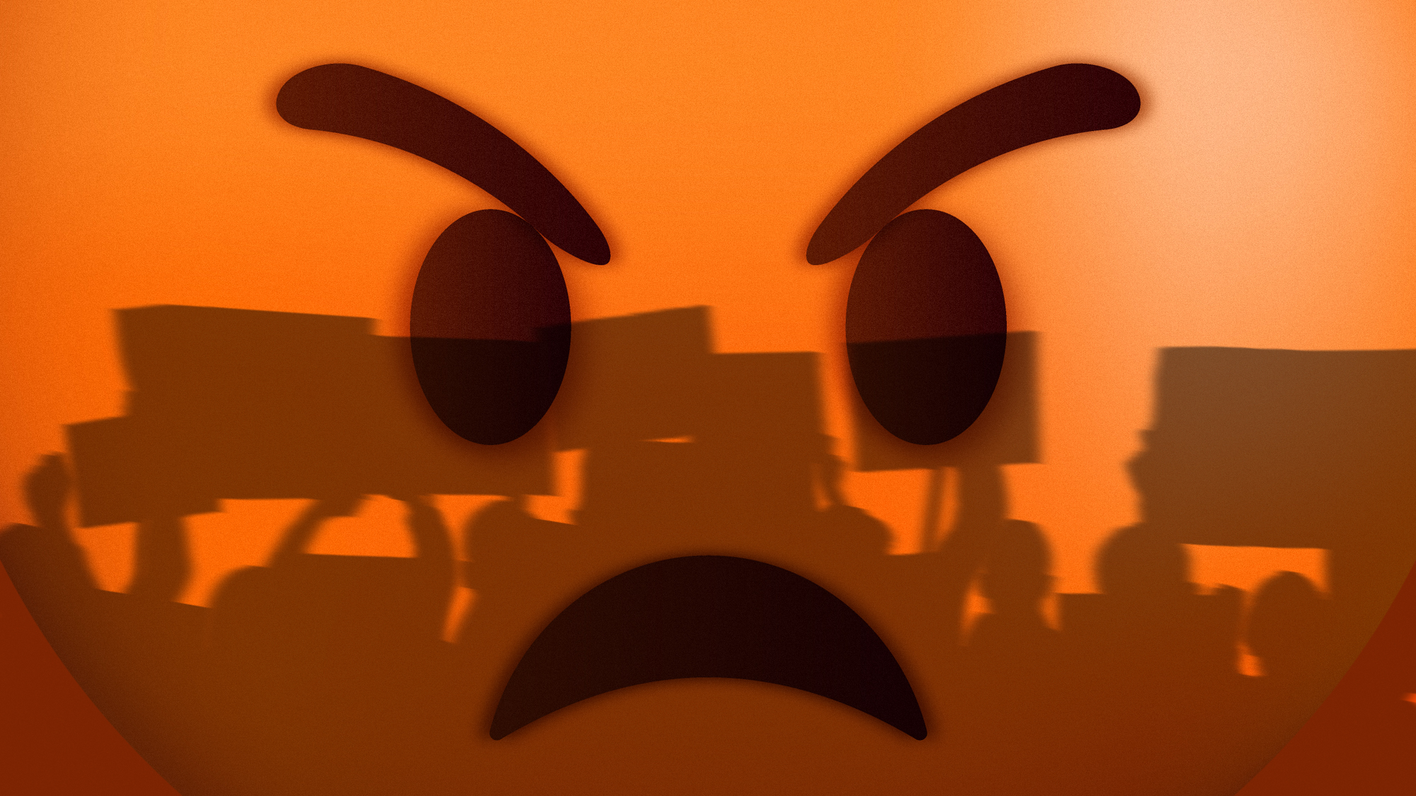 Illustration of striking workers silhouetted against an angry emoji icon