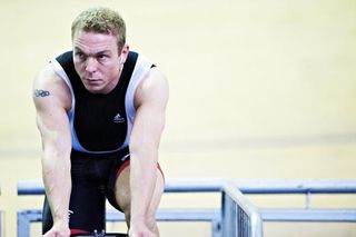 Sir Chris Hoy warms up for the keirin