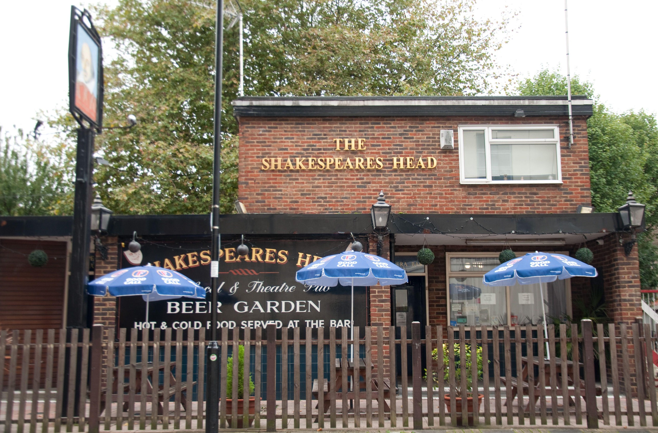 A view of the flat-roofed Shakespeares Head pub