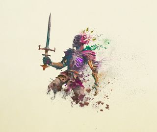 Avowed key art; close ups on digital art, it shows a skeleton warrior with colourful plants and fungus growing from it