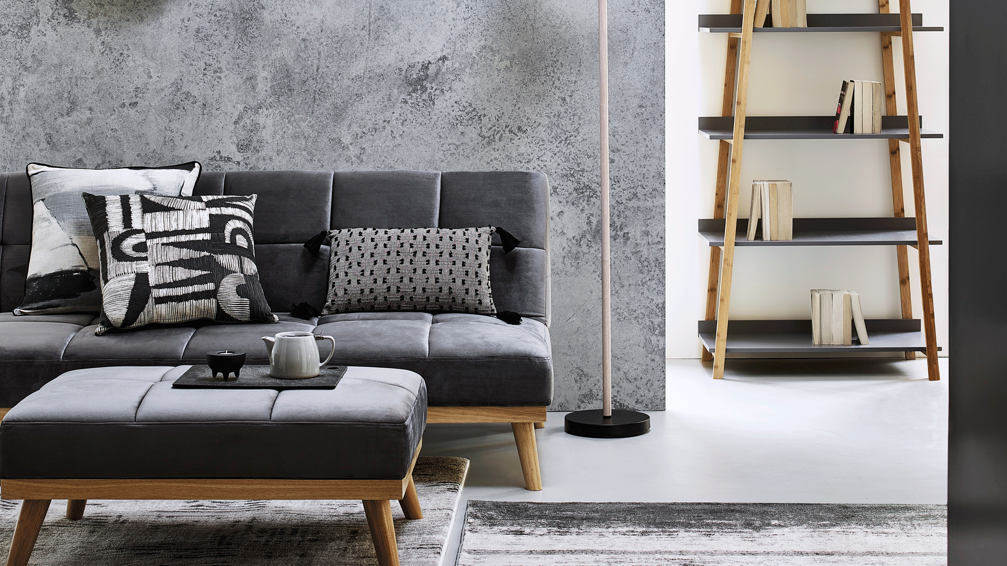 Kanso argos sofa bed in grey velvet in living room