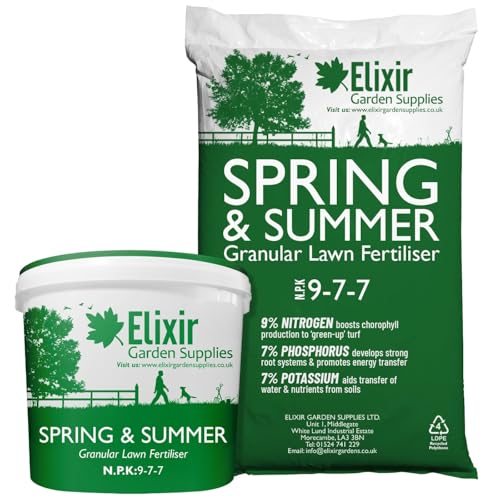 Elixir Gardens Spring &amp;amp; Summer 9-7-7 | Treats 28 Sq.m | Granular Lawn Fertiliser/turf &amp;amp; Grass Feed/food | 1kg Bag