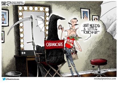 Political cartoon U.S. Obamacare health care death Democrats Chuck Schumer