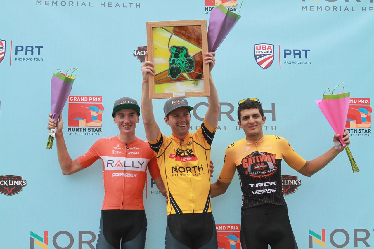 Brandon McNulty, Colin Joyce and Bryan Gomez on the overall podium at North Star Grand Prix