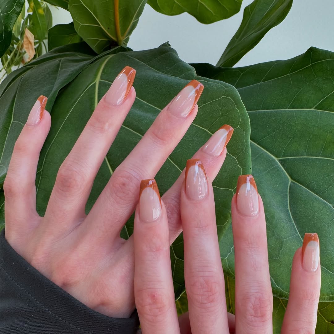 brown french manicure short coffin nails