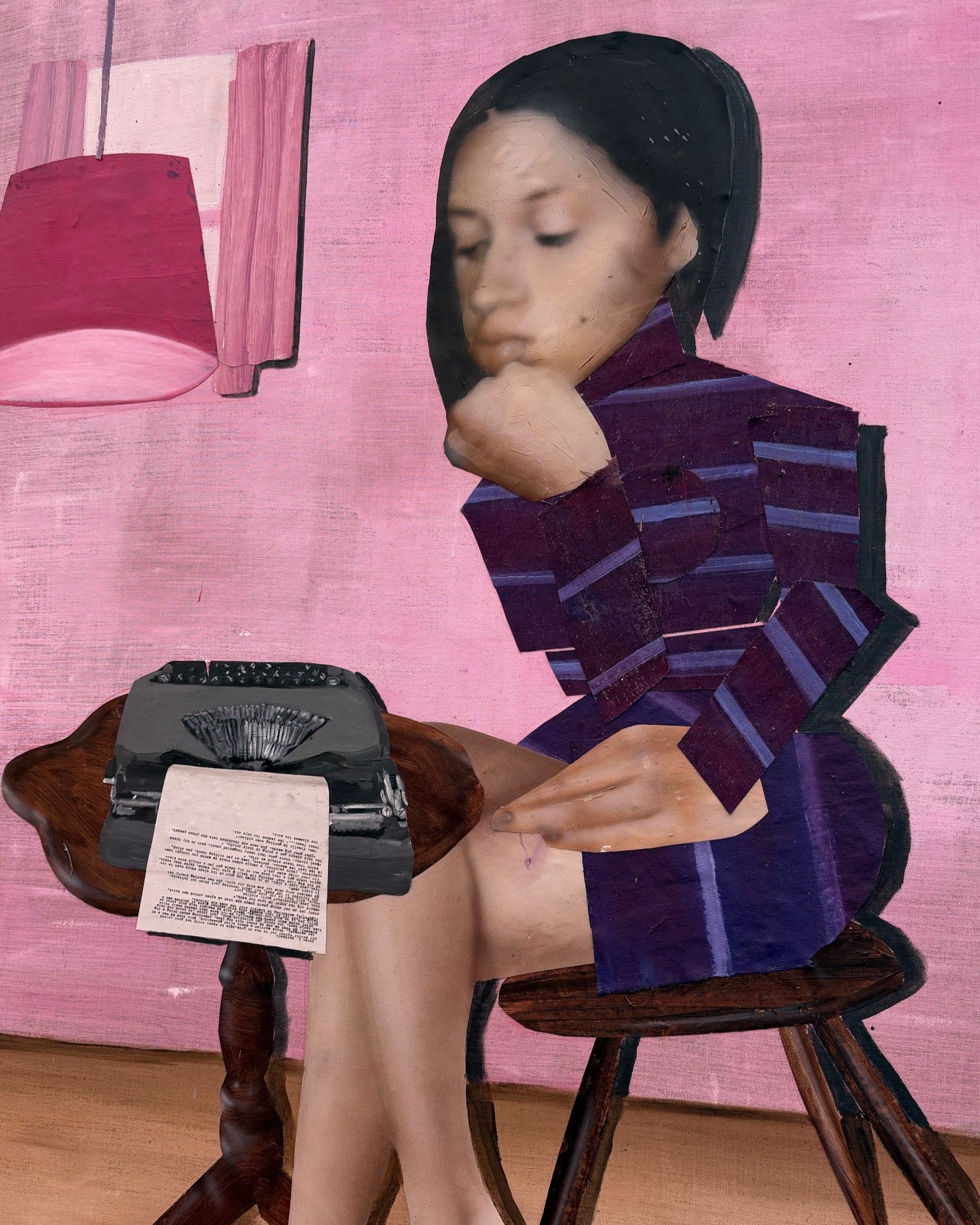 A series of canvases portraying domestic scenes, including people reading, drinking coffee, and empty dining rooms.
