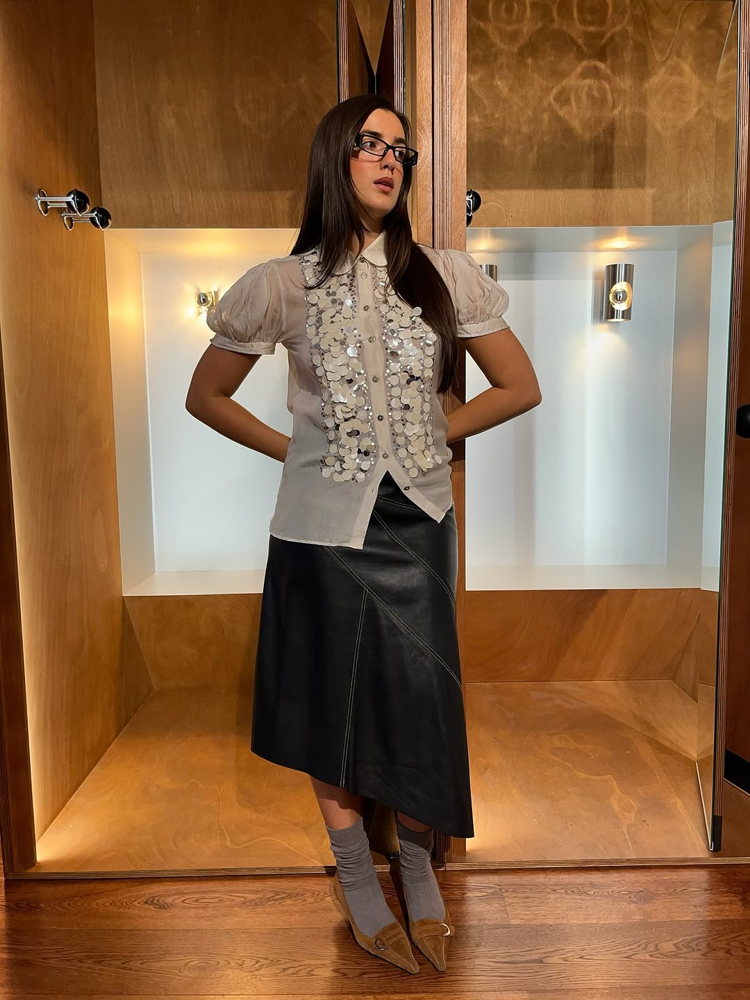 woman wearing knee high sock outfit