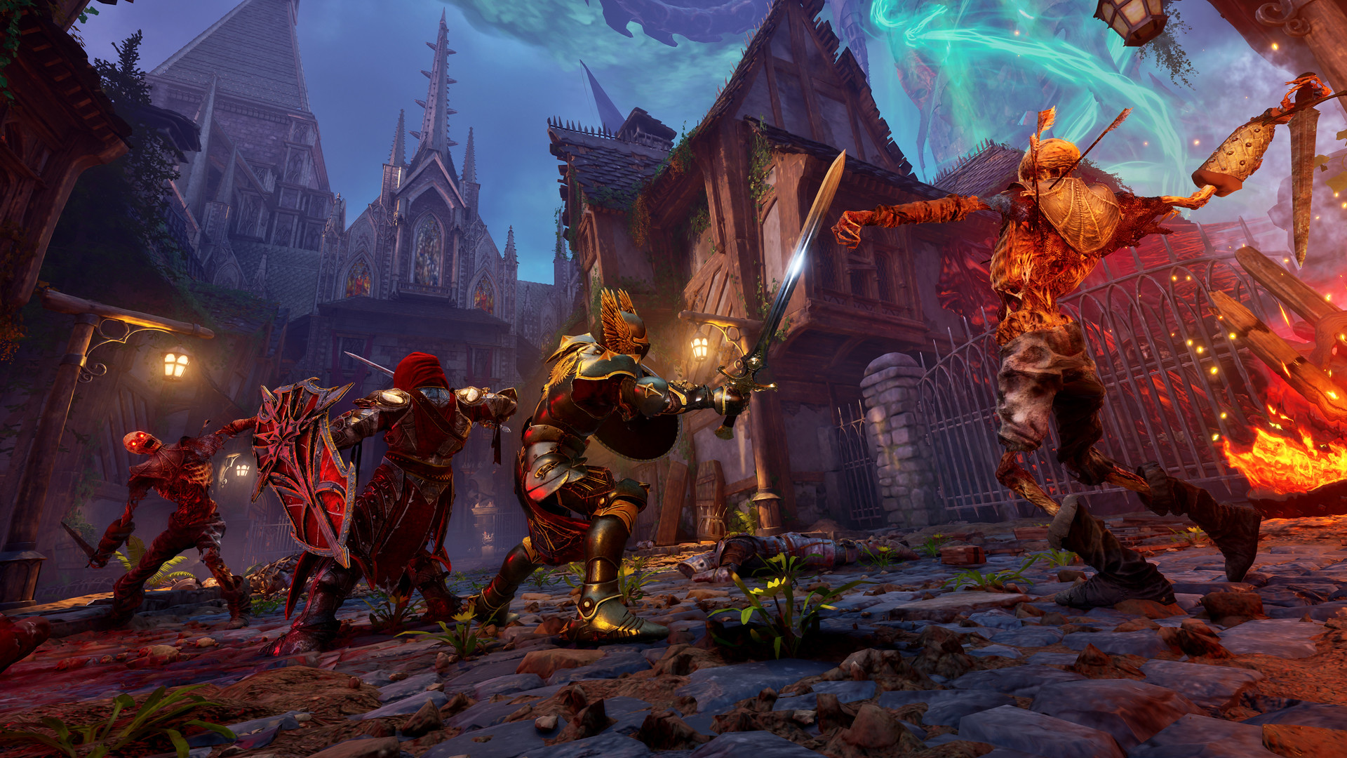 Crimson Moon screenshot showing armed knights fighting zombie-like creatures on the street