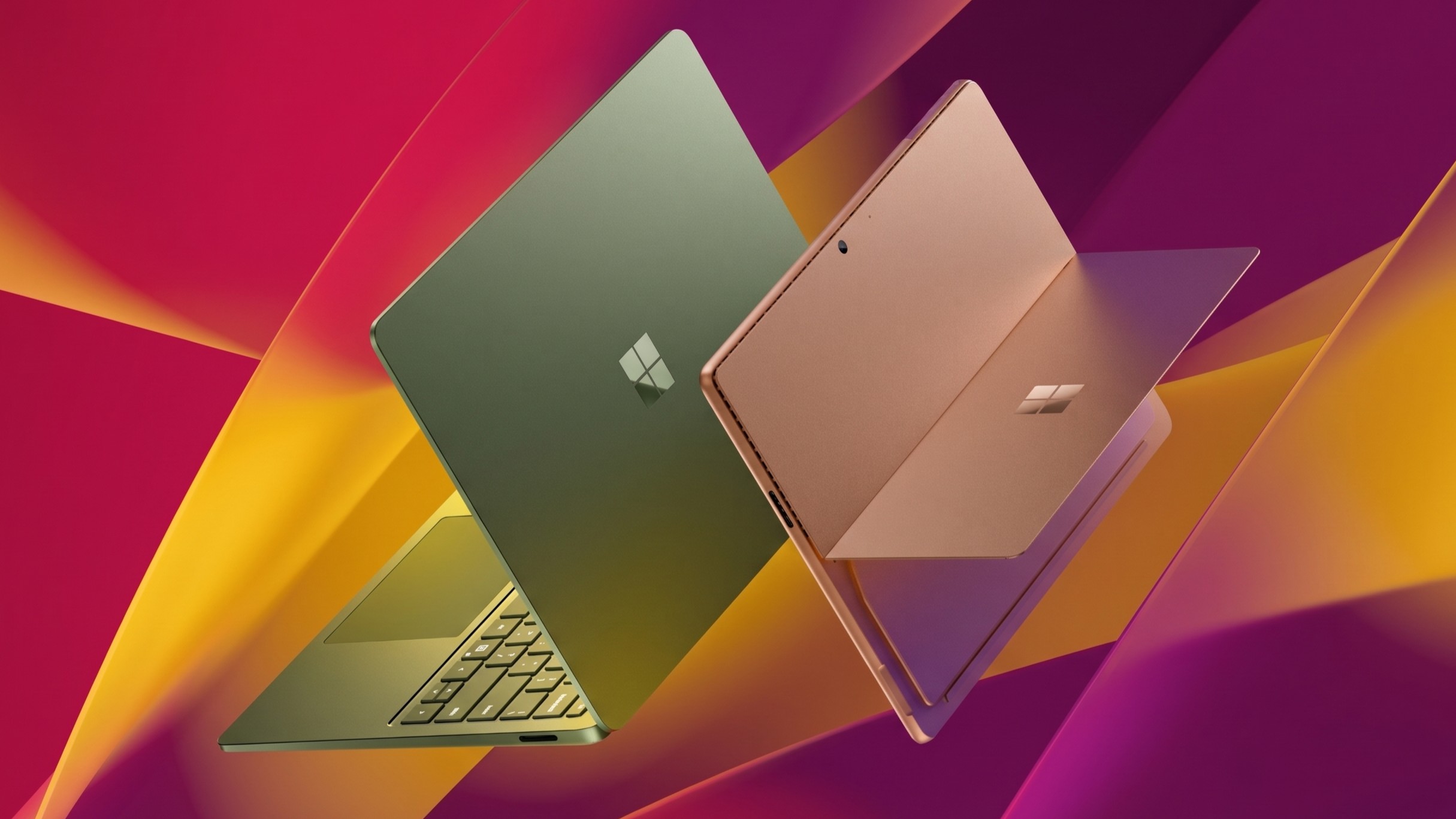 Surface Pro and Surface Laptop side by side on colorful background