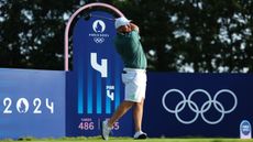 Shane Lowry takes a tee shot during a practice round before the Olympics at Le Golf National