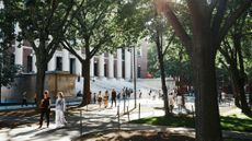 Students walk on the campus of Harvard University in Cambridge, Massachusetts.