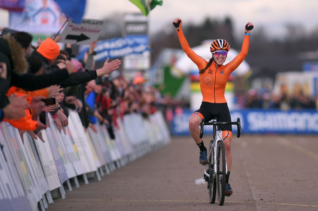 Van Anrooij celebrates as she crosses the line