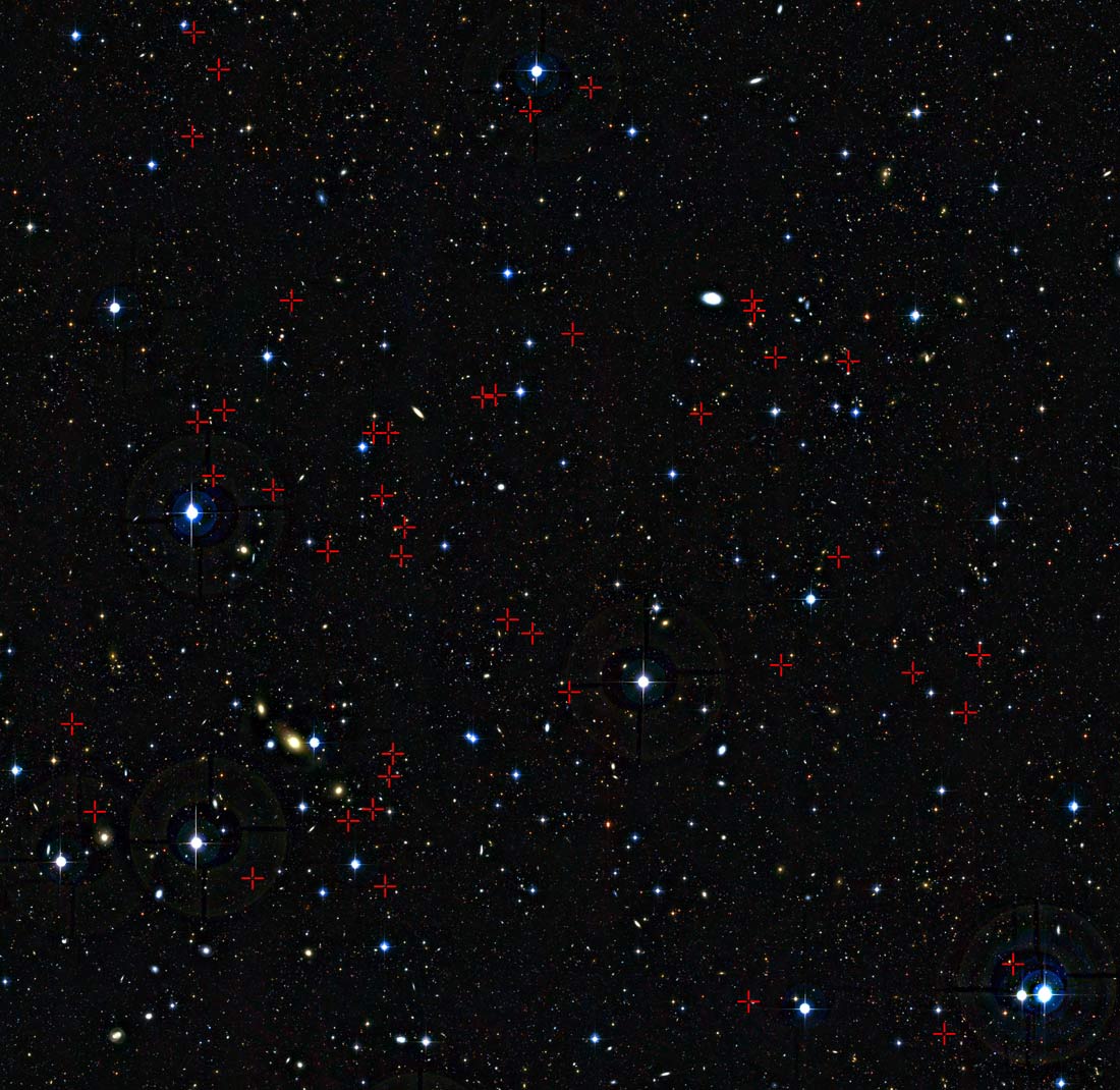 Each of the galaxies, marked by the red crosses, were seen as they were between three and five billion years after the Big Bang. 