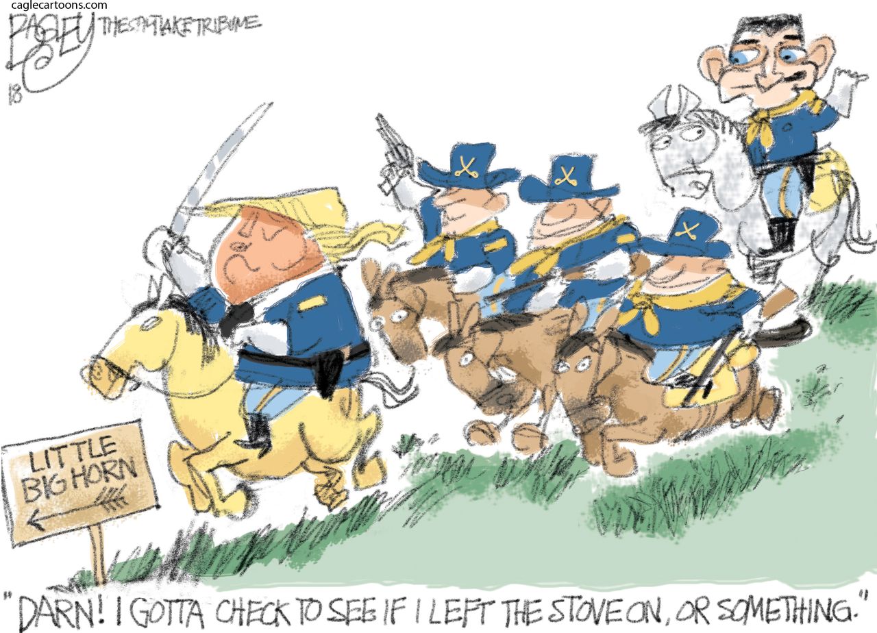 Political cartoon U.S. Trump Paul Ryan retirement Custer&amp;#039;s Last Stand Little Big Horn