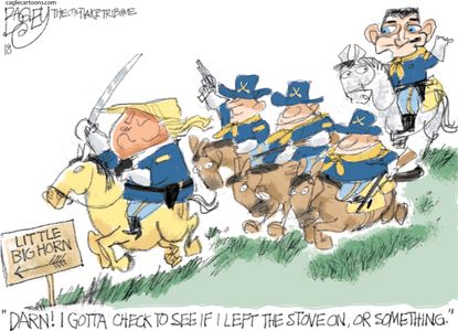 Political cartoon U.S. Trump Paul Ryan retirement Custer's Last Stand Little Big Horn