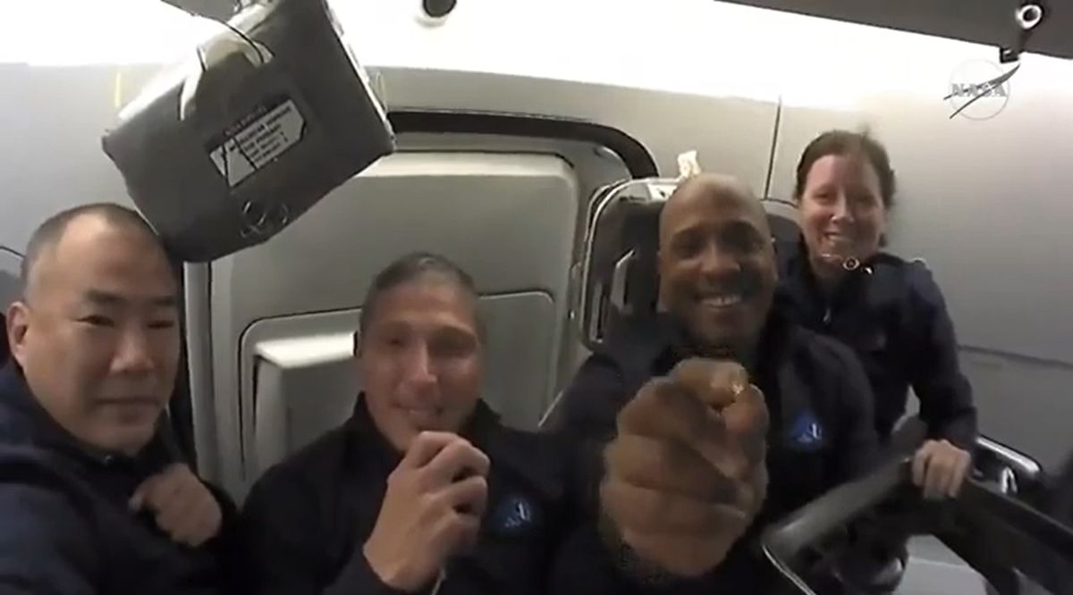 The four astronauts of NASA's Crew-1 mission are seen during a video tour of their SpaceX Crew Dragon Resilience on Nov. 16, 2020 ahead of docking at the International Space Station.