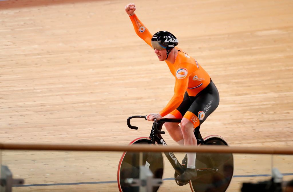 Roy van den Berg of the Netherlands team celebrate the new world record in the mens Team Sprint at the UCI track cycling World Championship in Berlin on February 26 2020 The Netherlands on Wednesday broke the team sprint world record at the track world championships in Berlin after they crossed the line in 41275 seconds Photo by Odd ANDERSEN AFP Photo by ODD ANDERSENAFP via Getty Images