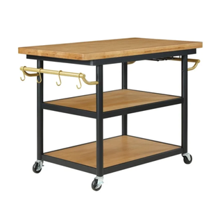 Rolling kitchen cart with wooden butchers block and shelves
