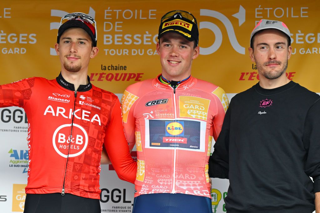 ALES FRANCE FEBRUARY 04 LR Kevin Vauquelin of France and Team Arkea BB Hotels on second place race winner Mads Pedersen of Denmark and Team Lidl Trek Orange Leader Jersey and Alberto Bettiol of Italy and Team EF Education EasyPost on third place pose on the podium ceremony after the 54th Etoile de Besseges Tour du Gard Stage 5 a 10645 individual time trial at stage from Ales to Ales 290m on February 04 2024 in Ales France Photo by Luc ClaessenGetty Images