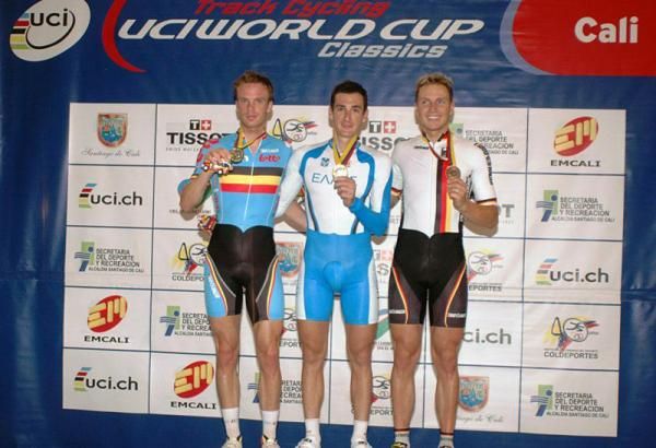 Men's points race podium (l-r): Iljo Keisse (Belgium), 2nd; Ioannis Tamouridis (Greece), 1st; Marcel Barth (Germany), 3rd.