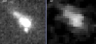 A distant emission line seen by the JWST (left) and by Hubble (right)