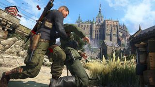 A soldier performs a stealth takedown in Sniper Elite 5