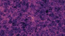 An artist&rsquo;s impression of the cosmic web. It looks like a vast cobweb-like structure or mostly purple and some orange filaments on a black background.