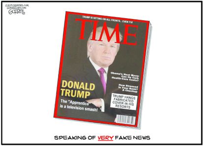 Political cartoon U.S. Trump Time magazine cover fake news