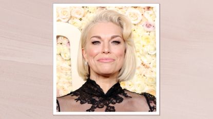 Hannah Waddingham is pictured with a blonde bob and wearing a black lace dress at the 81st Annual Golden Globe Awards at The Beverly Hilton on January 07, 2024 in Beverly Hills, California/ in a pastel pink template