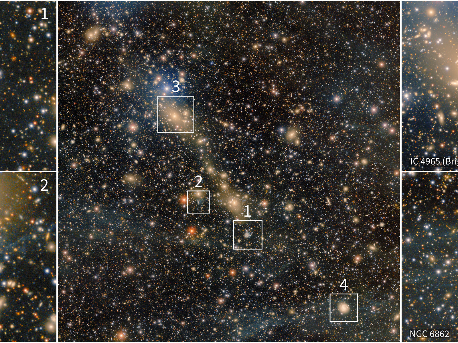 An image of thousands of stars glowing different hues of gold and white in the darkness of space, with white boxes around 4 particular stars.