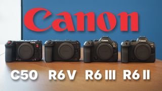 The Canon EOS C50 next to the EOS R6 V, R6 Mark III and R6 Mark II, on a wooden surface against a blue background