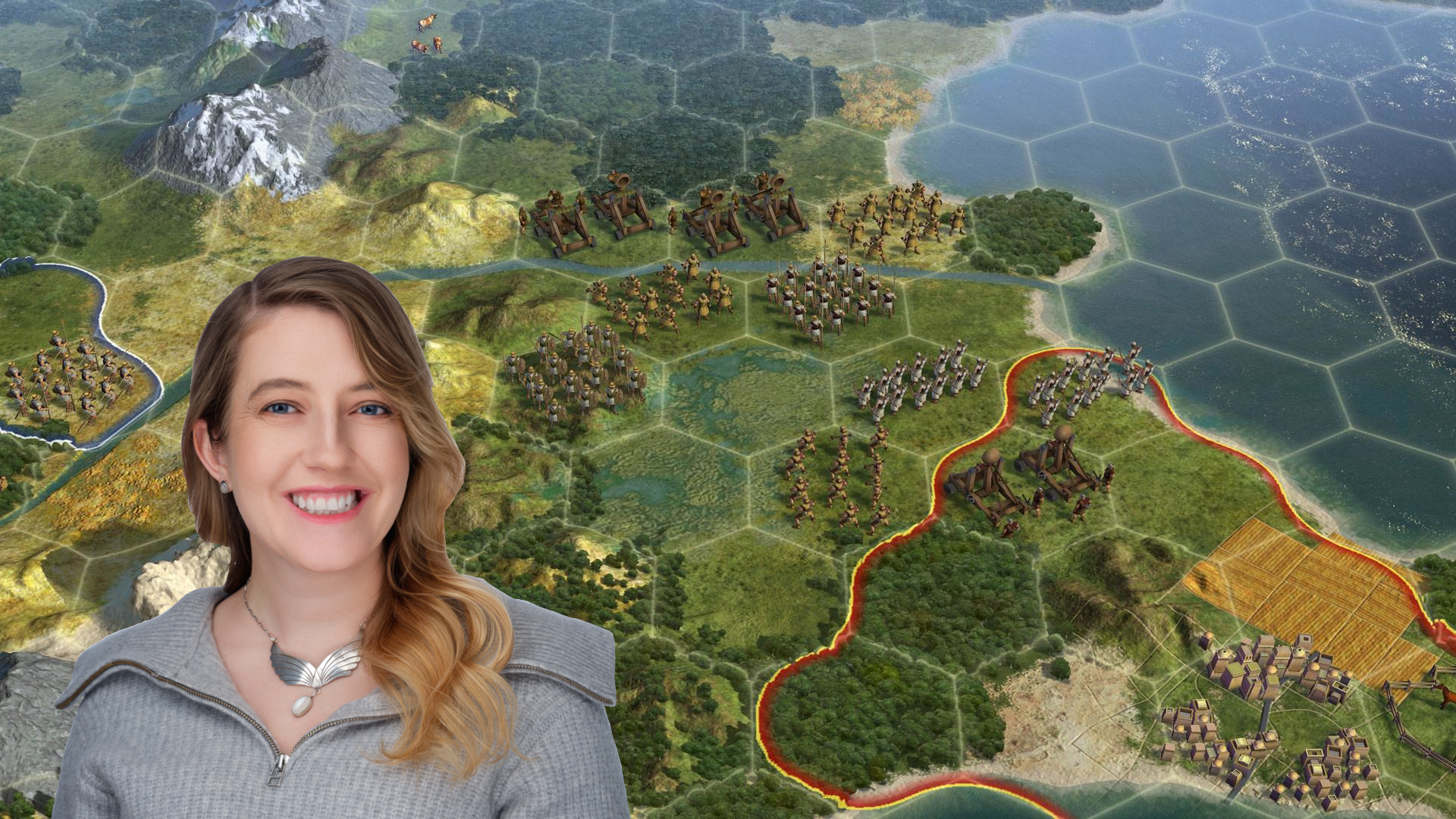 Short in front of a Civ backdrop