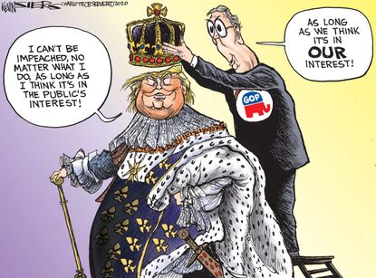 Political Cartoon U.S. Trump Mitch McConnell Republicans Senate trial impeachment absolute power kings public interest