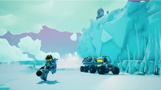 a spacesuited character explores an icy exoplanet in a video game.