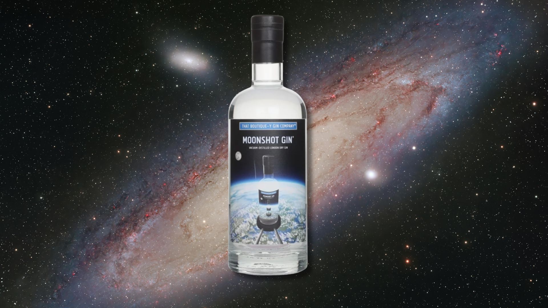 an image of the gin bottle against a space-style background