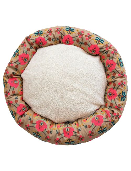 Creative Co-Op Round Cotton Embroidered & Sherpa Pet Bed