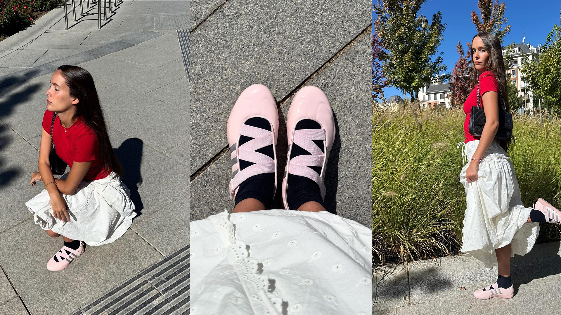 Helena wears white skirt, red tee, and pink adidas.